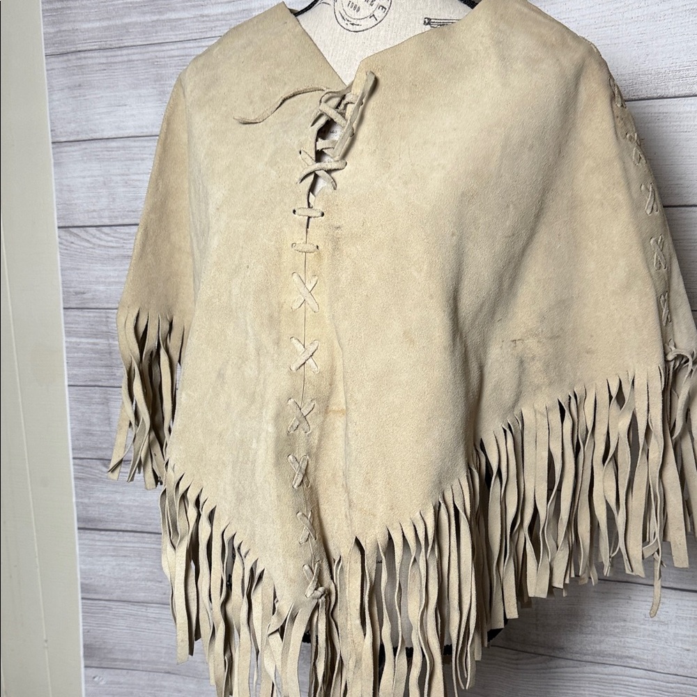 Vintage Fringed Tan Leather Poncho